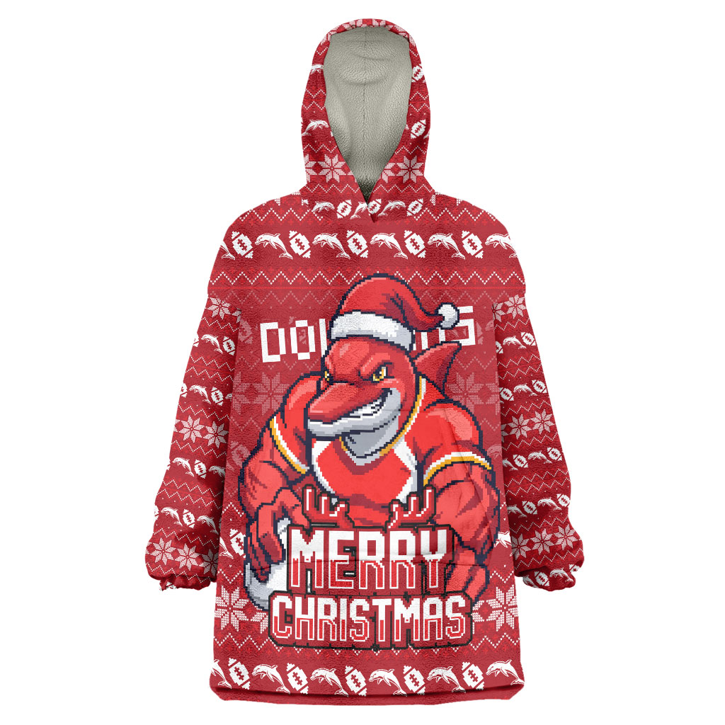Personalized Dolphins Christmas Wearable Blanket Hoodie Australian Rugby Fans - Pixelated Ugly Xmas Pattern Mascot Santa