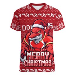Personalized Dolphins Christmas Women V-Neck T-Shirt Australian Rugby Fans - Pixelated Ugly Xmas Pattern Mascot Santa