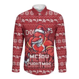 Personalized Dolphins Christmas Long Sleeve Button Shirt Australian Rugby Fans - Pixelated Ugly Xmas Pattern Mascot Santa