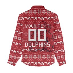 Personalized Dolphins Christmas Women Casual Shirt Australian Rugby Fans - Pixelated Ugly Xmas Pattern Mascot Santa