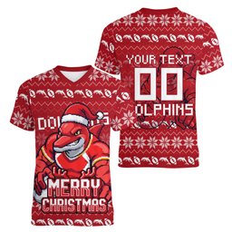Personalized Dolphins Christmas Women V-Neck T-Shirt Australian Rugby Fans - Pixelated Ugly Xmas Pattern Mascot Santa