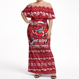 Personalized Dolphins Christmas Off Shoulder Maxi Dress Australian Rugby Fans - Pixelated Ugly Xmas Pattern Mascot Santa