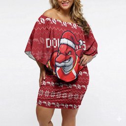 Personalized Dolphins Christmas Off Shoulder Short Dress Australian Rugby Fans - Pixelated Ugly Xmas Pattern Mascot Santa