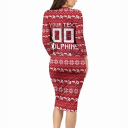 Personalized Dolphins Christmas Long Sleeve Bodycon Dress Australian Rugby Fans - Pixelated Ugly Xmas Pattern Mascot Santa