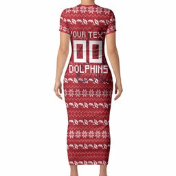 Personalized Dolphins Christmas Short Sleeve Bodycon Dress Australian Rugby Fans - Pixelated Ugly Xmas Pattern Mascot Santa