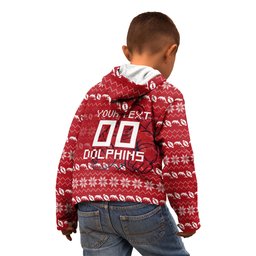 Personalized Dolphins Christmas Kid Hoodie Australian Rugby Fans - Pixelated Ugly Xmas Pattern Mascot Santa