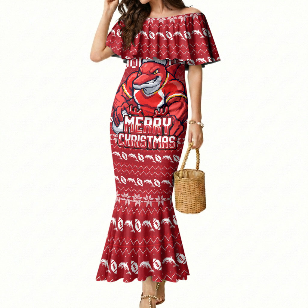 Personalized Dolphins Christmas Mermaid Dress Australian Rugby Fans - Pixelated Ugly Xmas Pattern Mascot Santa