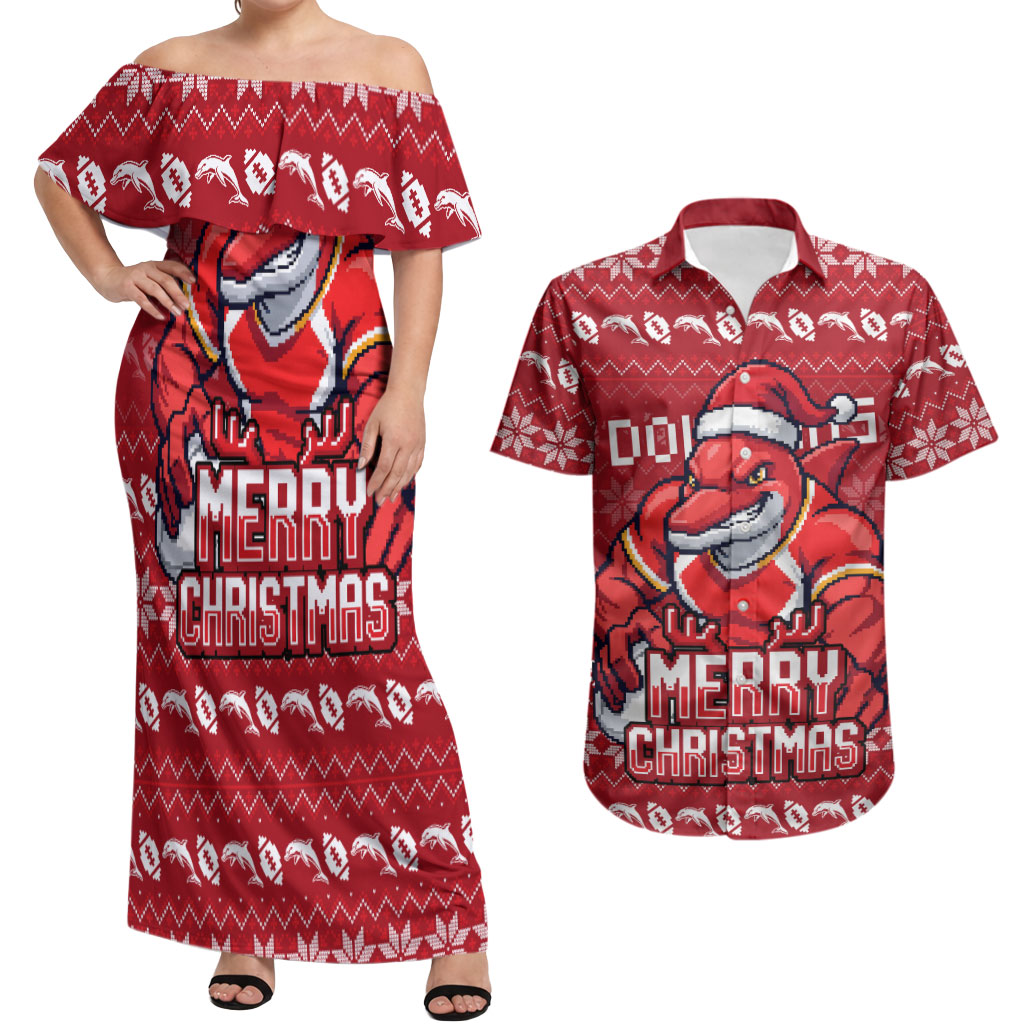 Personalized Dolphins Christmas Couples Matching Off Shoulder Maxi Dress and Hawaiian Shirt Australian Rugby Fans - Pixelated Ugly Xmas Pattern Mascot Santa
