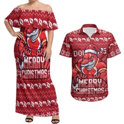 Personalized Dolphins Christmas Couples Matching Off Shoulder Maxi Dress and Hawaiian Shirt Australian Rugby Fans - Pixelated Ugly Xmas Pattern Mascot Santa