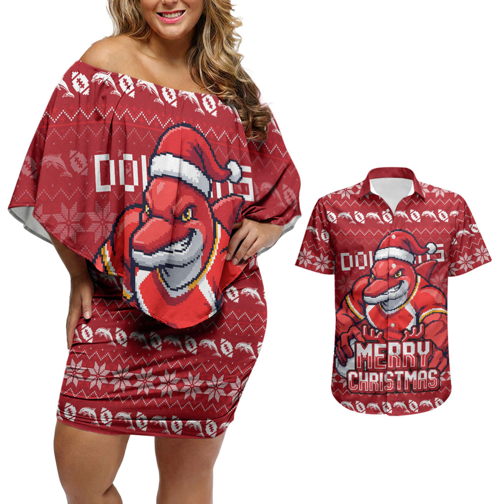 Personalized Dolphins Christmas Couples Matching Off Shoulder Short Dress and Hawaiian Shirt Australian Rugby Fans - Pixelated Ugly Xmas Pattern Mascot Santa