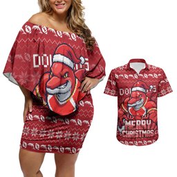 Personalized Dolphins Christmas Couples Matching Off Shoulder Short Dress and Hawaiian Shirt Australian Rugby Fans - Pixelated Ugly Xmas Pattern Mascot Santa