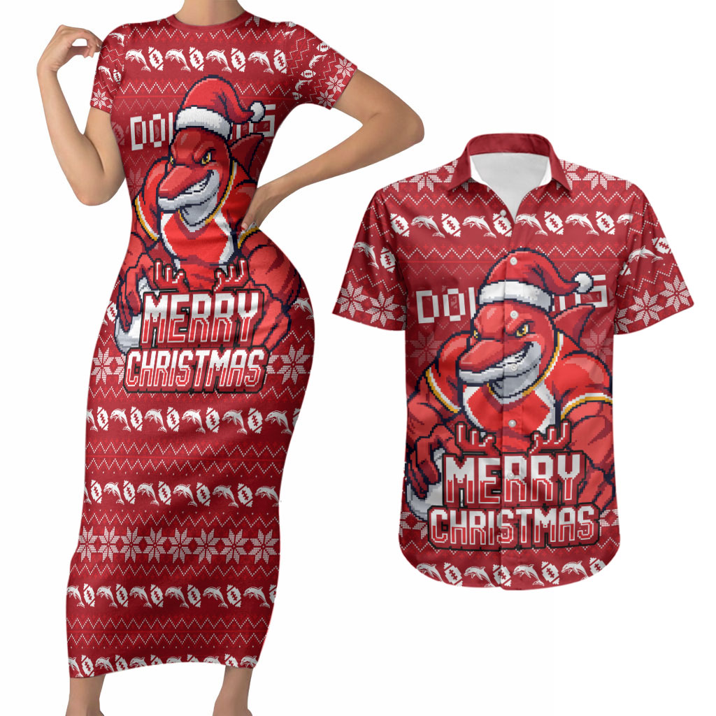 Personalized Dolphins Christmas Couples Matching Short Sleeve Bodycon Dress and Hawaiian Shirt Australian Rugby Fans - Pixelated Ugly Xmas Pattern Mascot Santa