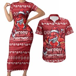 Personalized Dolphins Christmas Couples Matching Short Sleeve Bodycon Dress and Hawaiian Shirt Australian Rugby Fans - Pixelated Ugly Xmas Pattern Mascot Santa