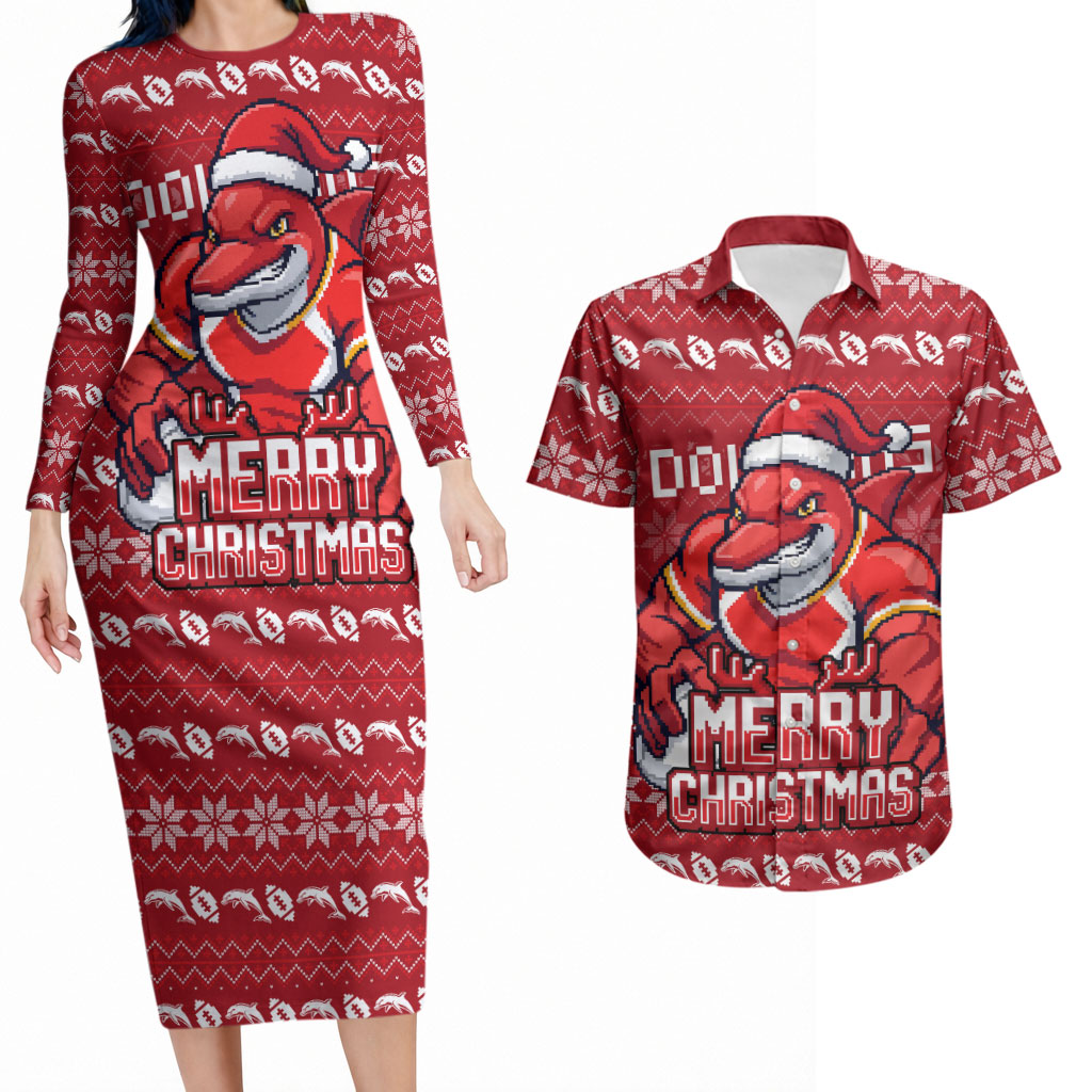 Personalized Dolphins Christmas Couples Matching Long Sleeve Bodycon Dress and Hawaiian Shirt Australian Rugby Fans - Pixelated Ugly Xmas Pattern Mascot Santa