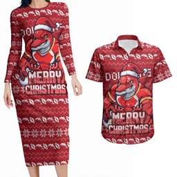 Personalized Dolphins Christmas Couples Matching Long Sleeve Bodycon Dress and Hawaiian Shirt Australian Rugby Fans - Pixelated Ugly Xmas Pattern Mascot Santa