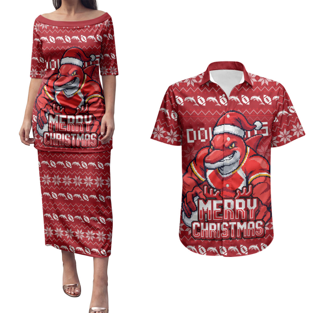 Personalized Dolphins Christmas Couples Matching Puletasi and Hawaiian Shirt Australian Rugby Fans - Pixelated Ugly Xmas Pattern Mascot Santa