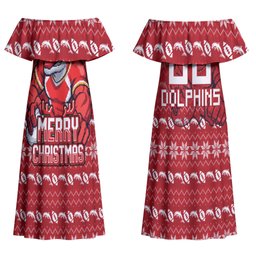 Personalized Dolphins Christmas Couples Matching Off Shoulder Maxi Dress and Hawaiian Shirt Australian Rugby Fans - Pixelated Ugly Xmas Pattern Mascot Santa