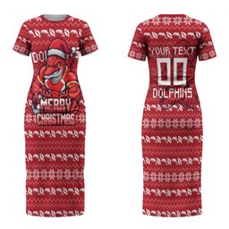 Personalized Dolphins Christmas Couples Matching Short Sleeve Bodycon Dress and Hawaiian Shirt Australian Rugby Fans - Pixelated Ugly Xmas Pattern Mascot Santa