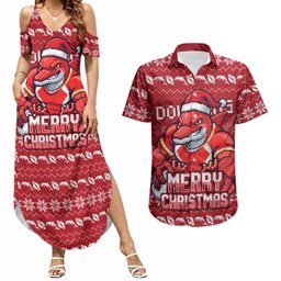 Personalized Dolphins Christmas Couples Matching Summer Maxi Dress and Hawaiian Shirt Australian Rugby Fans - Pixelated Ugly Xmas Pattern Mascot Santa