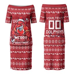 Personalized Dolphins Christmas Couples Matching Puletasi and Hawaiian Shirt Australian Rugby Fans - Pixelated Ugly Xmas Pattern Mascot Santa