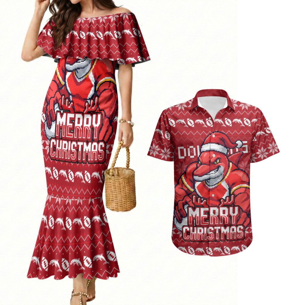 Personalized Dolphins Christmas Couples Matching Mermaid Dress and Hawaiian Shirt Australian Rugby Fans - Pixelated Ugly Xmas Pattern Mascot Santa