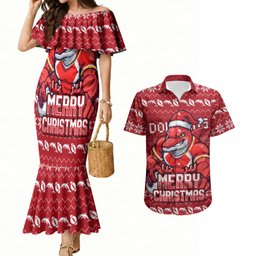 Personalized Dolphins Christmas Couples Matching Mermaid Dress and Hawaiian Shirt Australian Rugby Fans - Pixelated Ugly Xmas Pattern Mascot Santa