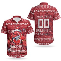 Personalized Dolphins Christmas Couples Matching Mermaid Dress and Hawaiian Shirt Australian Rugby Fans - Pixelated Ugly Xmas Pattern Mascot Santa