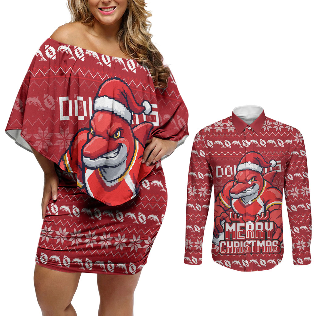 Personalized Dolphins Christmas Couples Matching Off Shoulder Short Dress and Long Sleeve Button Shirt Australian Rugby Fans - Pixelated Ugly Xmas Pattern Mascot Santa