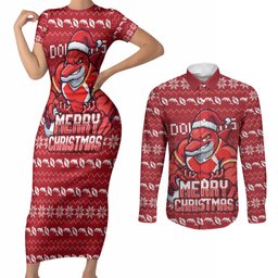 Personalized Dolphins Christmas Couples Matching Short Sleeve Bodycon Dress and Long Sleeve Button Shirt Australian Rugby Fans - Pixelated Ugly Xmas Pattern Mascot Santa