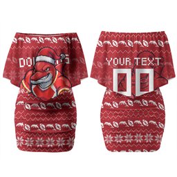 Personalized Dolphins Christmas Couples Matching Off Shoulder Short Dress and Long Sleeve Button Shirt Australian Rugby Fans - Pixelated Ugly Xmas Pattern Mascot Santa