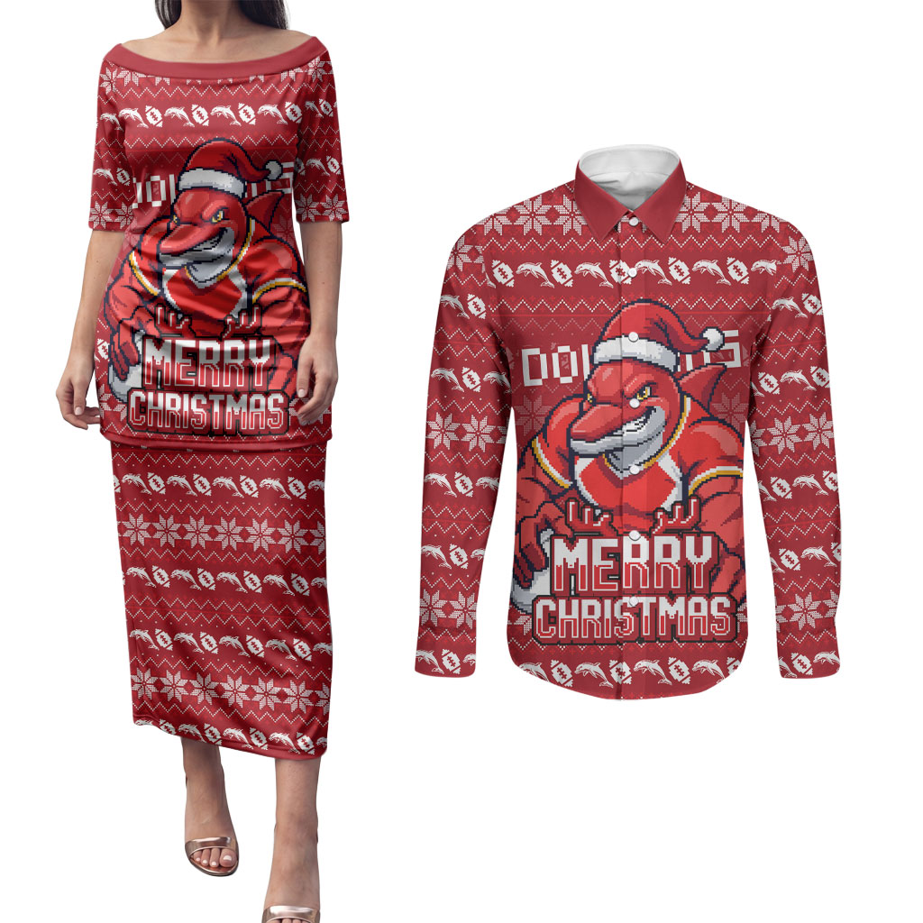 Personalized Dolphins Christmas Couples Matching Puletasi and Long Sleeve Button Shirt Australian Rugby Fans - Pixelated Ugly Xmas Pattern Mascot Santa