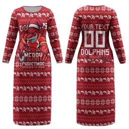 Personalized Dolphins Christmas Couples Matching Long Sleeve Bodycon Dress and Long Sleeve Button Shirt Australian Rugby Fans - Pixelated Ugly Xmas Pattern Mascot Santa