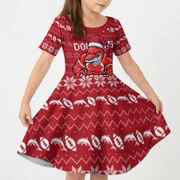 Personalized Dolphins Christmas Kid Short Sleeve Dress Australian Rugby Fans - Pixelated Ugly Xmas Pattern Mascot Santa