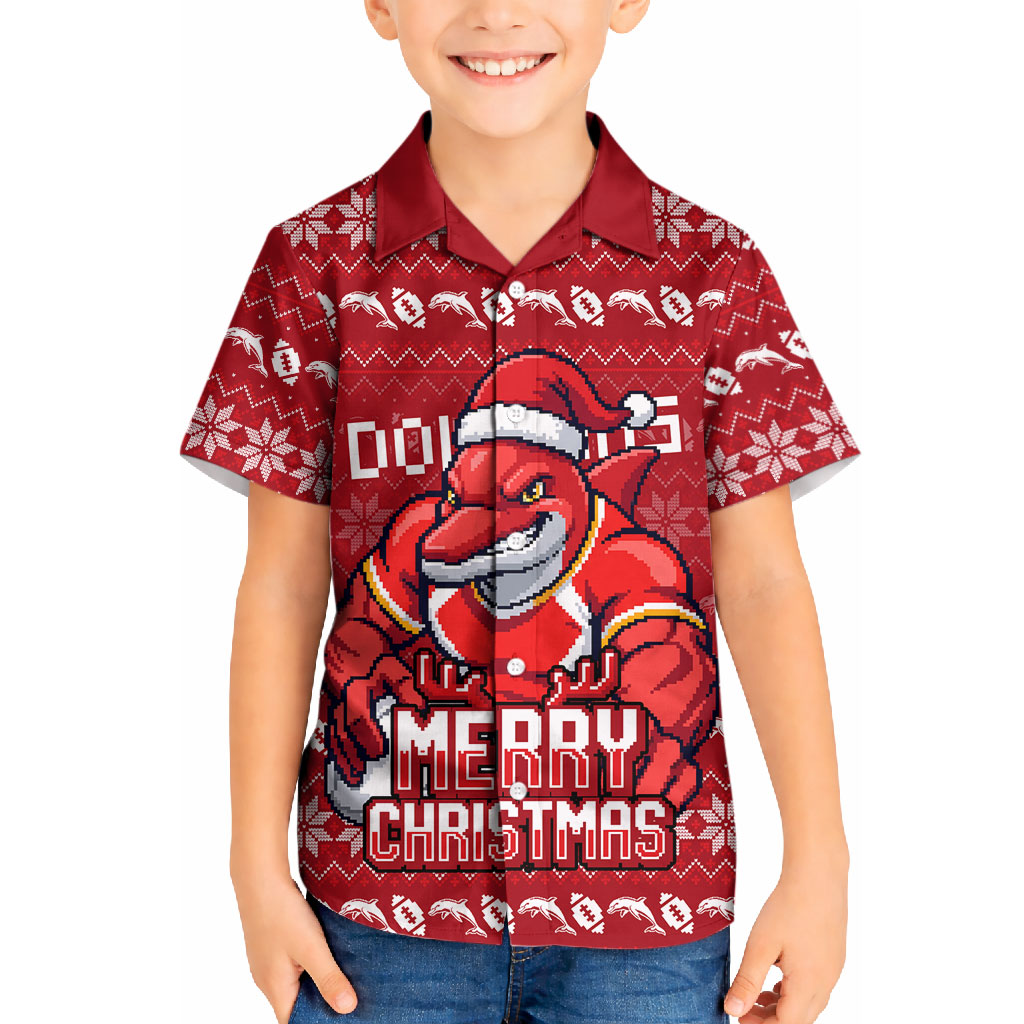 Personalized Dolphins Christmas Kid Hawaiian Shirt Australian Rugby Fans - Pixelated Ugly Xmas Pattern Mascot Santa