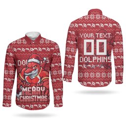 Personalized Dolphins Christmas Couples Matching Mermaid Dress and Long Sleeve Button Shirt Australian Rugby Fans - Pixelated Ugly Xmas Pattern Mascot Santa