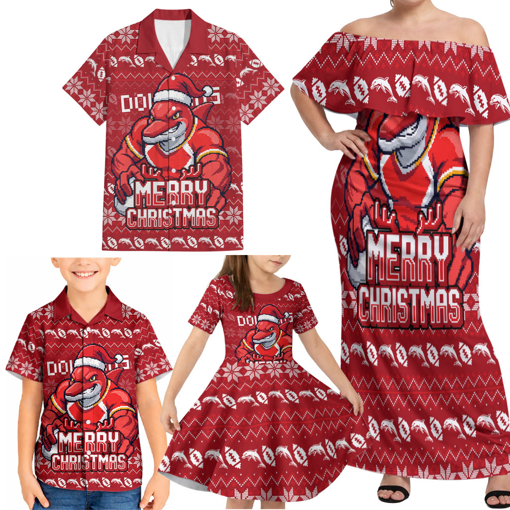 Personalized Dolphins Christmas Family Matching Off Shoulder Maxi Dress and Hawaiian Shirt Australian Rugby Fans - Pixelated Ugly Xmas Pattern Mascot Santa