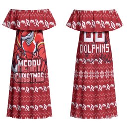 Personalized Dolphins Christmas Family Matching Off Shoulder Maxi Dress and Hawaiian Shirt Australian Rugby Fans - Pixelated Ugly Xmas Pattern Mascot Santa
