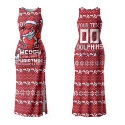 Personalized Dolphins Christmas Couples Matching Tank Maxi Dress and Long Sleeve Button Shirt Australian Rugby Fans - Pixelated Ugly Xmas Pattern Mascot Santa