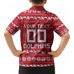 Personalized Dolphins Christmas Kid Hawaiian Shirt Australian Rugby Fans - Pixelated Ugly Xmas Pattern Mascot Santa