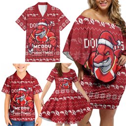 Personalized Dolphins Christmas Family Matching Off Shoulder Short Dress and Hawaiian Shirt Australian Rugby Fans - Pixelated Ugly Xmas Pattern Mascot Santa