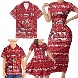 Personalized Dolphins Christmas Family Matching Short Sleeve Bodycon Dress and Hawaiian Shirt Australian Rugby Fans - Pixelated Ugly Xmas Pattern Mascot Santa