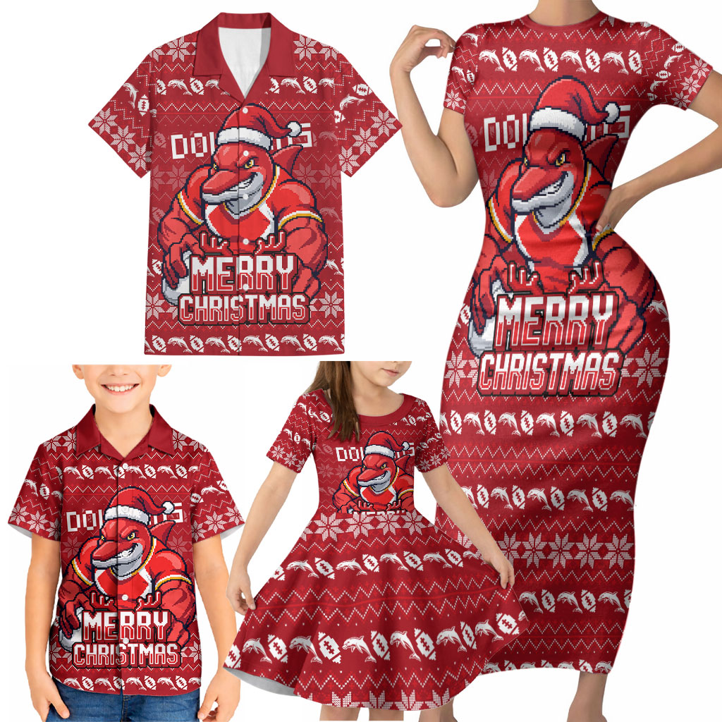 Personalized Dolphins Christmas Family Matching Short Sleeve Bodycon Dress and Hawaiian Shirt Australian Rugby Fans - Pixelated Ugly Xmas Pattern Mascot Santa