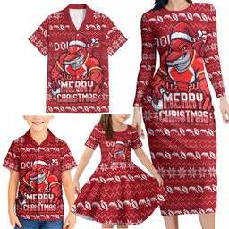 Personalized Dolphins Christmas Family Matching Long Sleeve Bodycon Dress and Hawaiian Shirt Australian Rugby Fans - Pixelated Ugly Xmas Pattern Mascot Santa