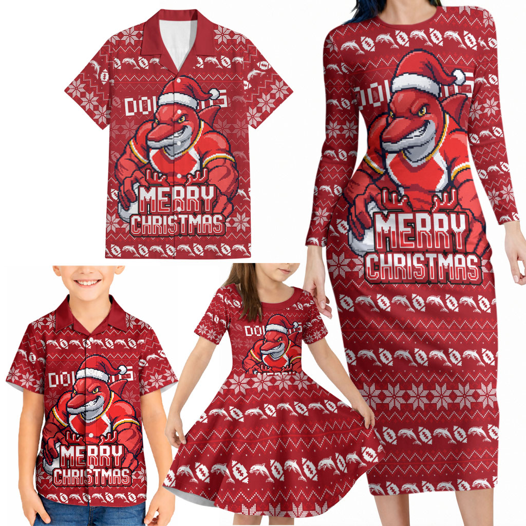 Personalized Dolphins Christmas Family Matching Long Sleeve Bodycon Dress and Hawaiian Shirt Australian Rugby Fans - Pixelated Ugly Xmas Pattern Mascot Santa