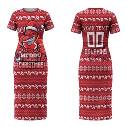 Personalized Dolphins Christmas Family Matching Short Sleeve Bodycon Dress and Hawaiian Shirt Australian Rugby Fans - Pixelated Ugly Xmas Pattern Mascot Santa