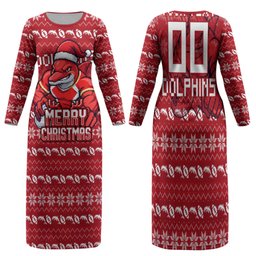 Personalized Dolphins Christmas Family Matching Long Sleeve Bodycon Dress and Hawaiian Shirt Australian Rugby Fans - Pixelated Ugly Xmas Pattern Mascot Santa