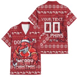 Personalized Dolphins Christmas Family Matching Short Sleeve Bodycon Dress and Hawaiian Shirt Australian Rugby Fans - Pixelated Ugly Xmas Pattern Mascot Santa