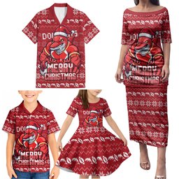Personalized Dolphins Christmas Family Matching Puletasi and Hawaiian Shirt Australian Rugby Fans - Pixelated Ugly Xmas Pattern Mascot Santa