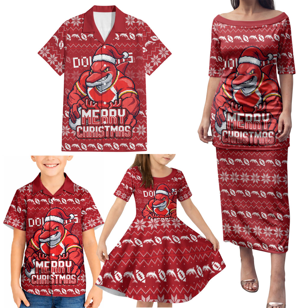 Personalized Dolphins Christmas Family Matching Puletasi and Hawaiian Shirt Australian Rugby Fans - Pixelated Ugly Xmas Pattern Mascot Santa