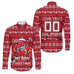 Personalized Dolphins Christmas Family Matching Short Sleeve Bodycon Dress and Hawaiian Shirt Australian Rugby Fans - Pixelated Ugly Xmas Pattern Mascot Santa